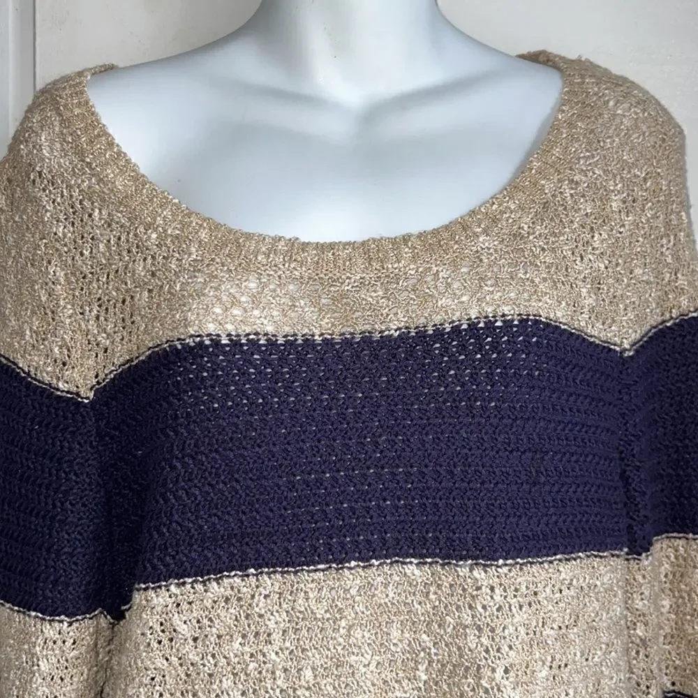 LOFT Beige and Navy Striped Cotton Linen Blend Loose Knit Sweater-L